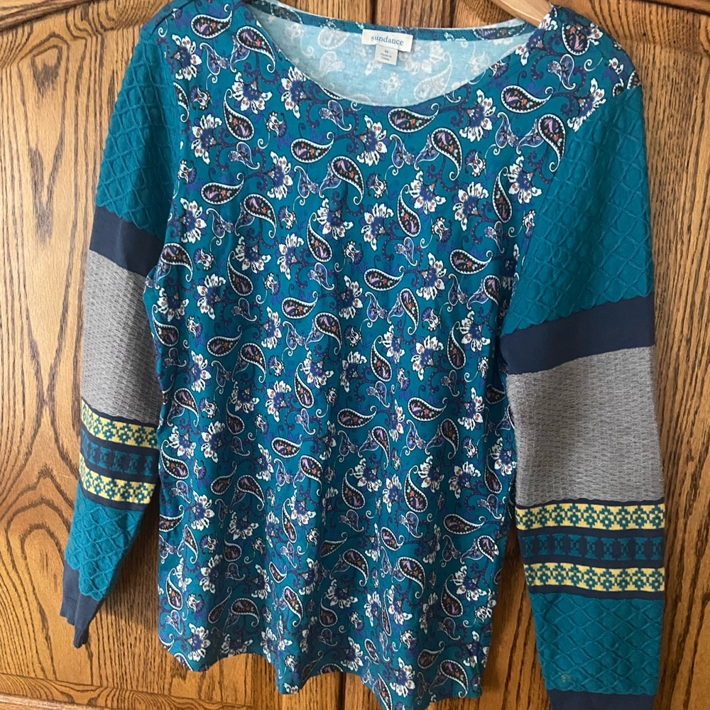 Sundance Sharrar Medium Teal Paisley Long Sleeve Top